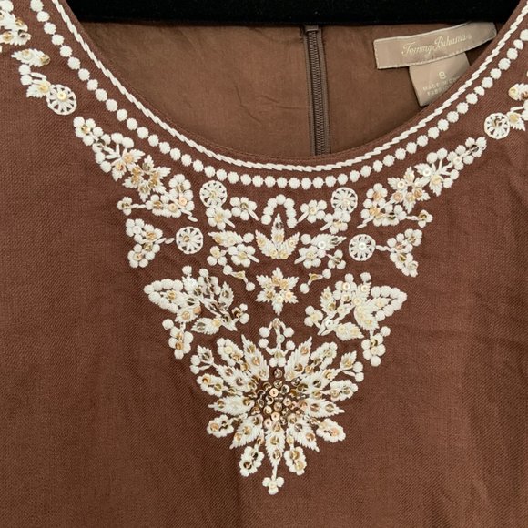 Tommy Bahama Linen Silk Sheath Embroidered Sleeveless Midi Dress Brown Size 8 - Picture 3 of 11